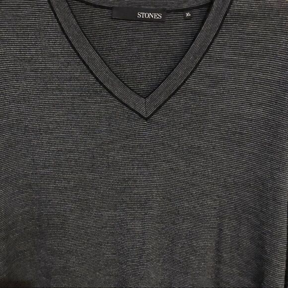 Stones Men’s Sz XL Gray Black Stripe V-Neck Wool Long Sleeve Sweater - Picture 3 of 8